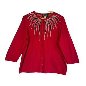 Bob Mackie Womens‎ Cardigan Sweater Size L Red Beaded Art To Wear